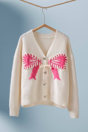 0180-2627<br/>Cozy White Knit Cardigan with Pink Ribbon Stitch