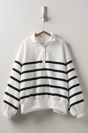 0521-1885<br/>White and Black Striped Collared Pullover Top
