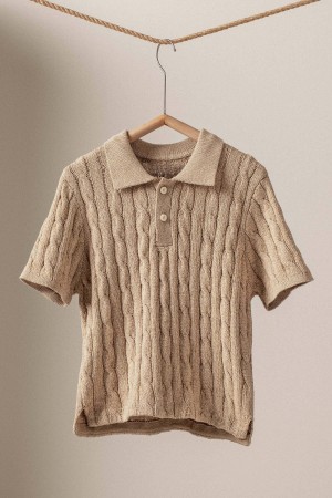 0634-7640<br/>Cable Knit Crochet Polo Casual Top