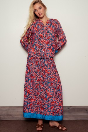 0669-3460<br/>Boho Floral Button Blouse with Blue Cuffs Detail