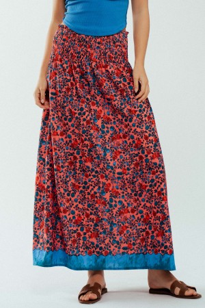 0681-9914<br/>Floral Boho Maxi Skirt with Blue Border Detail