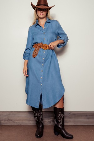 0694-7007<br/>Classic Western Denim Maxi Shirt Dress