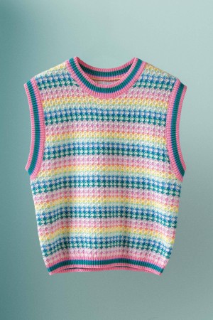 0731-3436<br/>Rainbow Crochet Knit Vest – Casual Top