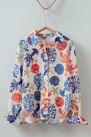 0910-2377<br/>Sea Shells Summer Button Down Boho Top