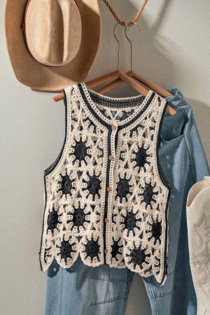 0928-1184<br/>Crochet Boho Western Vest with Button Detail